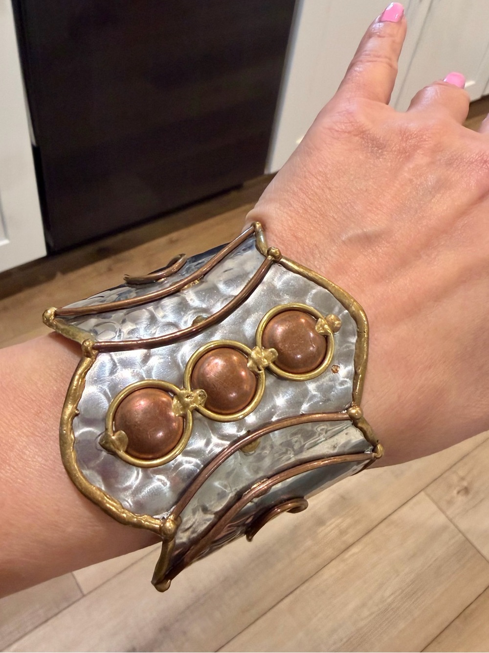Vintage Brutalist Mixed Metal Cuff Bracelet – Handmade Copper, Brass & Silver